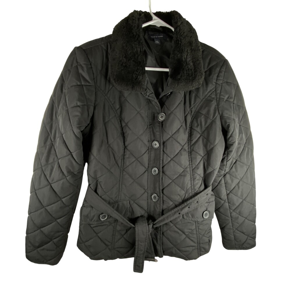 Tommy Hilfiger Jacket Womens Large Black Quilted Belted Faux Fur Collar